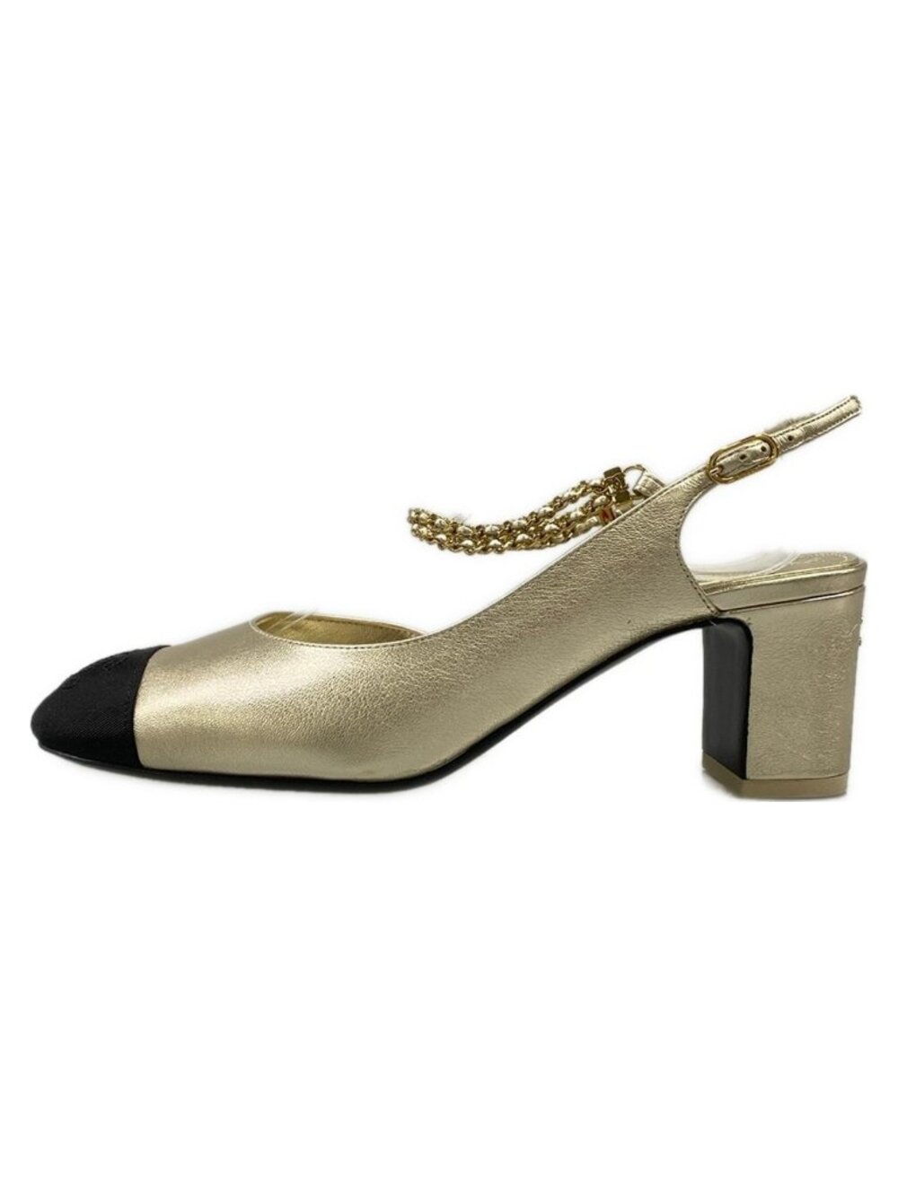 Chanel Sandals Gold Black Chain Slingback Bicolor Lambskin